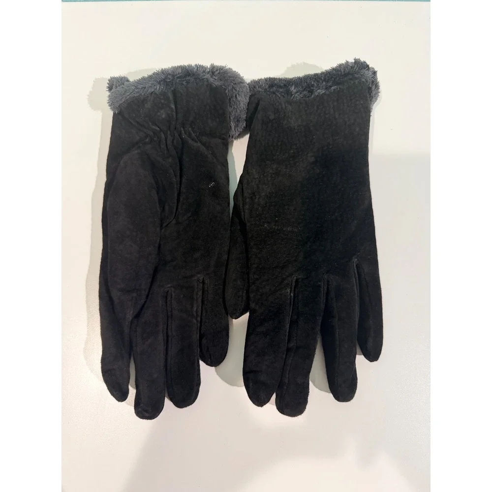 Womens Black Genuine Suede Leather Gloves Faux Fur Trim Winter Large 883J3